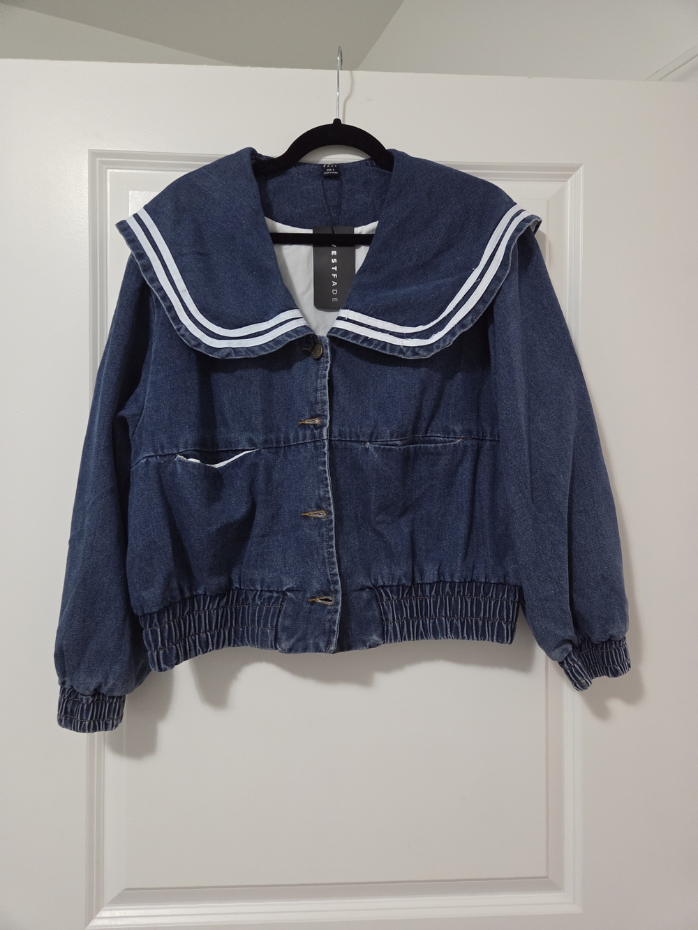 Sailor-Collar Denim Jacket in Navy Blue